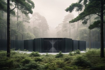 AI data center nestled within, untouched forest. Minimalist design symbolizing the delicate balance between technological advancement and environmental preservation. Banner. Generative Ai content.