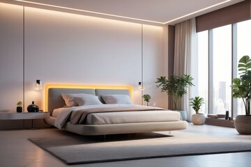 Bedroom in the future. Intelligent system controls lighting and ambiance, lighting automatically changing, creating cozy atmosphere. warm shades of purple. Banner. Generative Ai content.