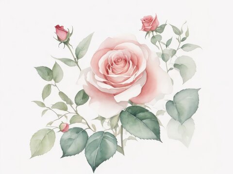 Bouquet of Pink Roses with Love in watercolor on a white isolated background. Generative AI.