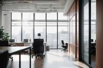 Modern airport interior with office elements: chairs, tables, computers, and spacious design