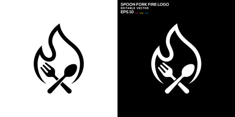Vector design template of spoon, fork, fire logo, food, cutlery, hot, symbol icon EPS 10 - obrazy, fototapety, plakaty