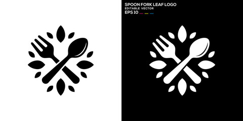 Vector design template of spoon and fork combination with leaf logo, restaurant, equipment, cutlery, vegetables, diet, symbol icon EPS 10 - obrazy, fototapety, plakaty