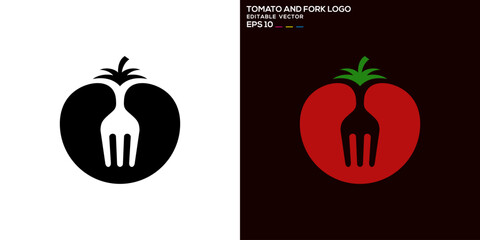 Vector design template of tomato combined with fork logo, food, vegetable, fruit, diet, symbol icon EPS10