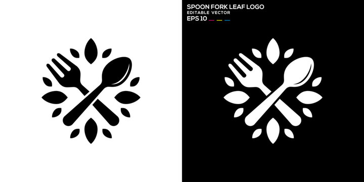 Vector design template of spoon and fork combination with leaf logo, restaurant, equipment, cutlery, vegetables, diet, symbol icon EPS 10