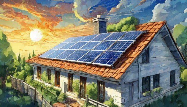Ilustra&ccedil;&atilde;o de pain&eacute;is solares no telhado de uma casa. Painel solar, Placa solar, Energia. 