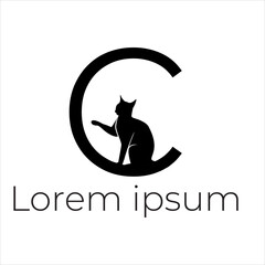 English alphabet C. Children's colored letter C. Black cat vector illustration for icon, symbol or logo vector illustration.	Letter C and cat, black and white color, logo
