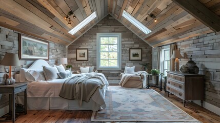 Fototapeta na wymiar Vaulted ceiling with skylights in farmhouse. Interior design of modern rustic bedroom. 