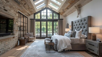 Vaulted ceiling with skylights in farmhouse. Interior design of modern rustic bedroom. 
