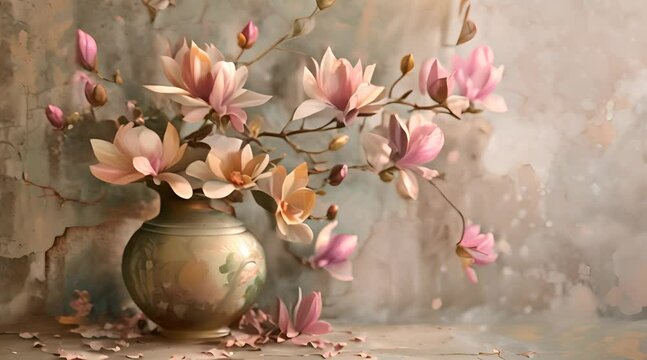 Magnolia Flowers Blossoming from Vase Painting with AI generated.
