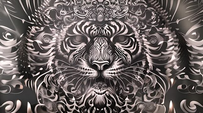 Monochrome Tribal Lion with Ornate Crown with AI generated.
