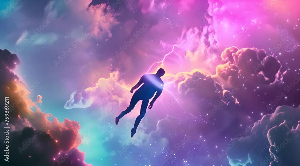 Poster astronaut silhouette in colorful cosmic nebula with ai generated.
