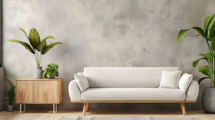 White velvet loveseat sofa, wooden cabinet and potted houseplant against venetian stucco wall. Scandinavian home interior design of modern living room.