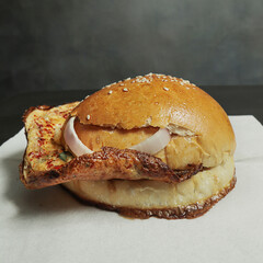 hamburger on a wooden table