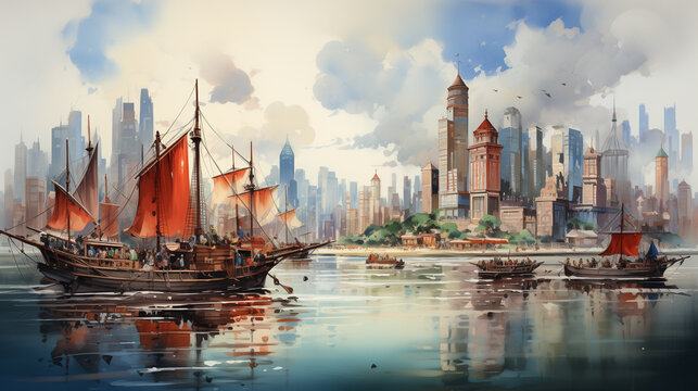The watercolor illustration portrays sailboats moored in a tranquil harbor, with the sunset casting a warm glow over the towering skyline of the cityscape.
