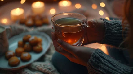 Schilderijen op glas A close-up of a woman's hands holding a cup of tea, with a plate of Ramadan sweets in the background, © Daunhijauxx