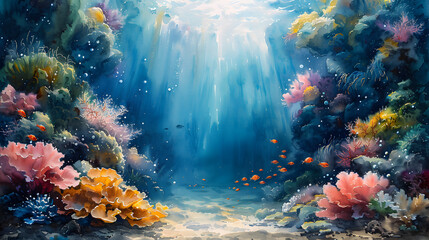Obraz na płótnie Canvas Watercolor Painting of Vibrant Underwater Seascape with Colorful Coral and Marine Life, Tranquil Ocean Scene, Diverse Marine Life, Explore the Beauty of Sea and Coastal Decoration.