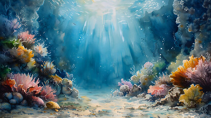 Naklejka na ściany i meble Watercolor Painting of Vibrant Underwater Seascape with Colorful Coral and Marine Life, Tranquil Ocean Scene, Diverse Marine Life, Explore the Beauty of Sea and Coastal Decoration.