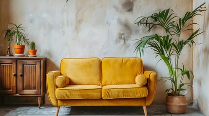 Yellow velvet loveseat sofa, wooden cabinet and potted houseplant against venetian stucco wall. Scandinavian home interior design of modern living room.