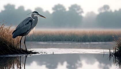 A watchful heron standing still at the water's edge in a misty marshland, A solitary bird stands gracefully in still waters, People and Property are fictional.