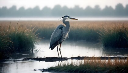 A watchful heron standing still at the water's edge in a misty marshland, A solitary bird stands gracefully in still waters, People and Property are fictional.