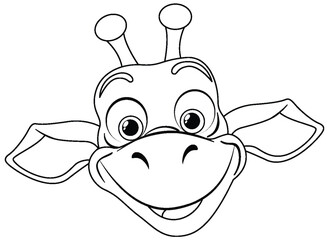 Black and white illustration of a happy giraffe.