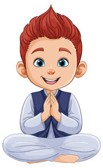 Cartoon boy meditating with a joyful expression