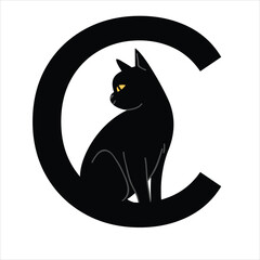 English alphabet C. Children's colored letter C. Black cat vector illustration for icon, symbol or logo vector illustration.	Letter C and cat, black and white color, logo
