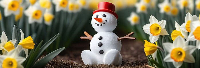 Tiny snowman sits amidst a group of vibrant daffodils, a charming representation of winter's farewell and spring's welcome. 