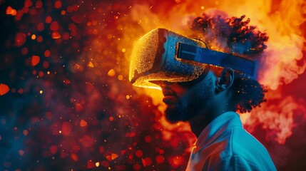A person wearing a virtual reality headset exploring a digital world, showcasing the concept of virtual reality technology and immersive environments, Virtual reality exploration concept
