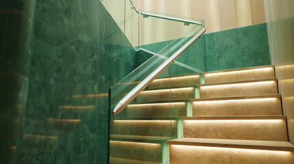 An elegant modern staircase adorned with a rich green wood and glass railing.