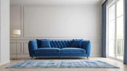 Modern living room interior featuring a stylish blue sofa, rendered in 3D for a realistic and contemporary home design