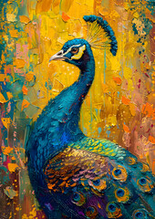 A peacock, a member of the Phasianidae family, is depicted in a painting with vibrant feathers on a yellow background, showcasing the beauty of this Galliformes bird