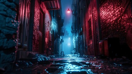 Deceptive Tranquility: A Glimpse into the Cyberpunk City's Gloomy Alleyway at Night - obrazy, fototapety, plakaty