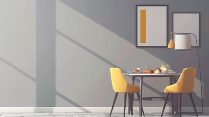 Apricot chairs at dining table with food in apartment interior with lamp and poster on grey wall. Minimalistic, simple, bright colors.