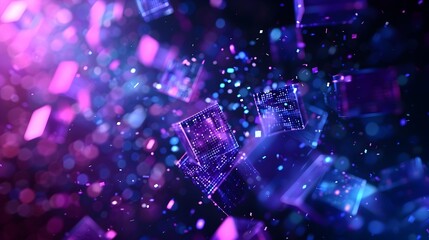 Futuristic Data Degradation: Abstract 3D Cubes Glowing in Electric Purple and Blue Hues Against a Dark Background
