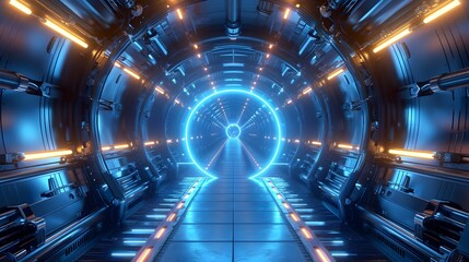 Futuristic Spaceship Corridor Leading to Glowing Blue Portal of Space