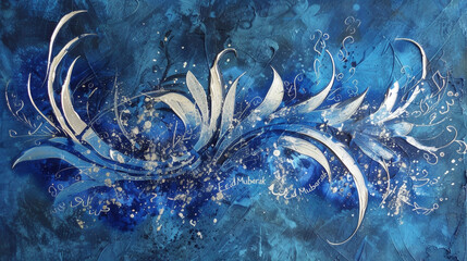 Azure blue "Eid Mubarak" with touches of silver on a midnight blue background.