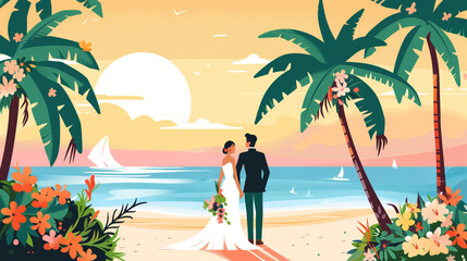 An illustration of a bride and groom are standing on a sandy tropical beach, both dressed in wedding attire at sunset