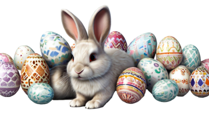 Easter background with realistic painted eggs isolated on a transparent background