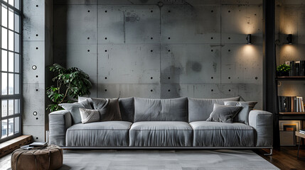 Gray sofa and concrete wall Scandinavian Loft Style Interior Design of Modern Living Room in Studio