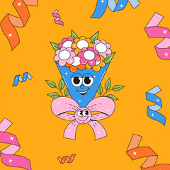 Happy birthday card in retro groovy style. Vintage character bouquet of flowers with bow. Funky mascot with psychedelic smile. Vector illustration on bright yellow background.