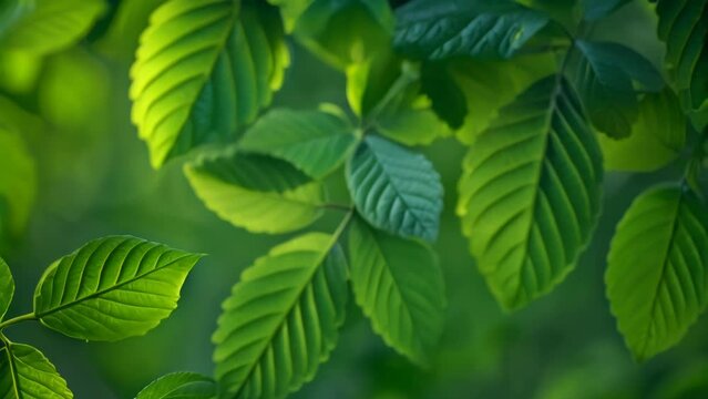 Close up view 4k stock video footage of sunny transparent fresh green leaves isolated against clear spring blue sky background