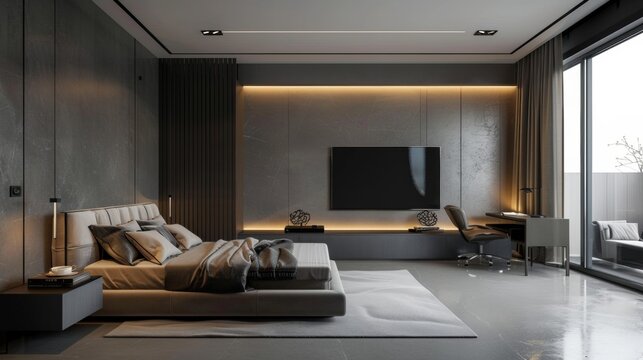 Photo of luxury minimalism bedroom with bed, Tv, and desk