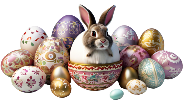 Easter background with realistic painted eggs isolated on a transparent background