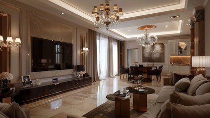 Photo of luxury minimalism living room with huge tv, desk, sofa and chandelier