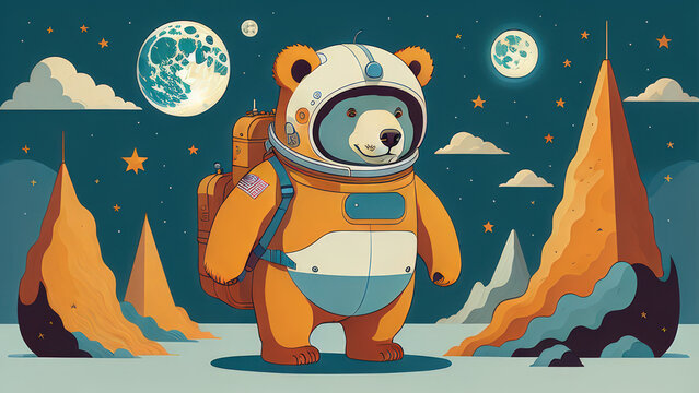 illustration of a bear and the moon or illustration of a bear or polar bear cub or polar bear in the snow or polar bear on the ice or bear alien in the space or bear on the moon
