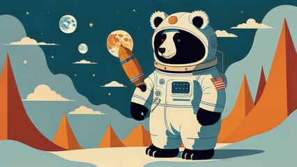illustration of a bear and the moon or illustration of a bear or polar bear cub or polar bear in the snow or polar bear on the ice or bear alien in the space or bear on the moon