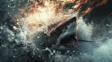 Illustration of attacking shark under the water, dangerous great white shark, sea creature - obrazy, fototapety, plakaty