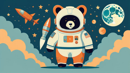 Naklejka premium illustration of a bear and the moon or illustration of a bear or polar bear cub or polar bear in the snow or polar bear on the ice or bear alien in the space or bear on the moon
