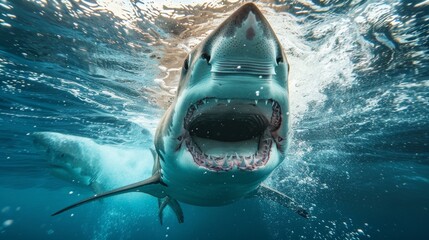 Realistic photo of attacking shark under the water, dangerous great white shark, sea creature - obrazy, fototapety, plakaty